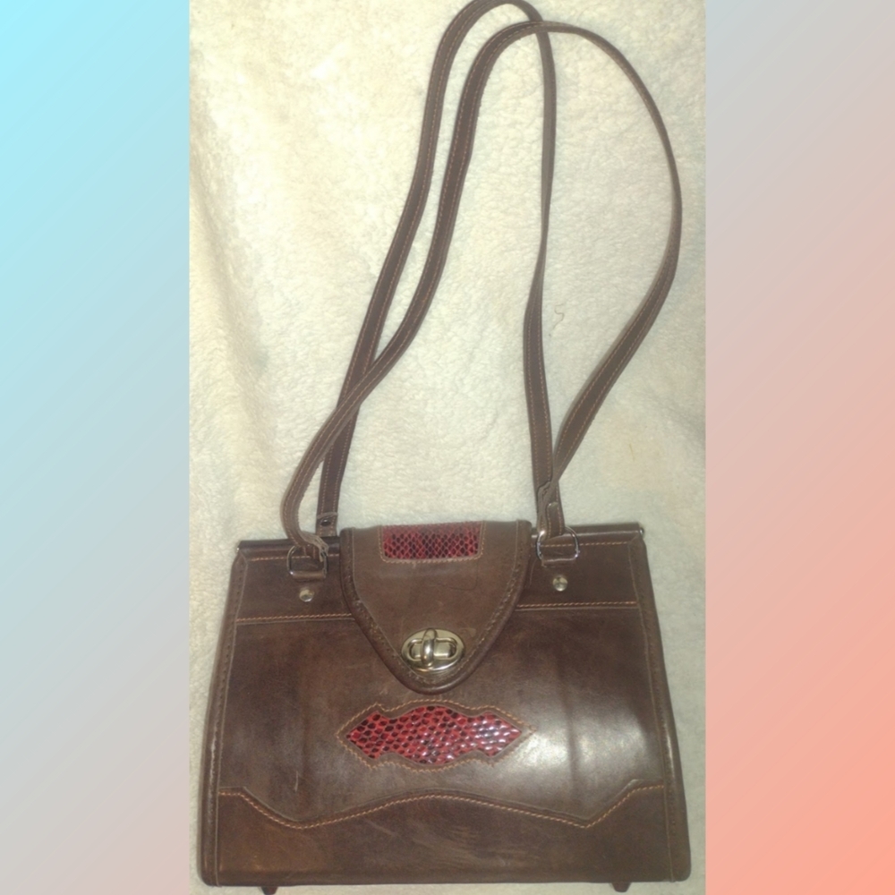 Vintage 1960s Structured Leather Handbag with Genuine Lizard Inlay